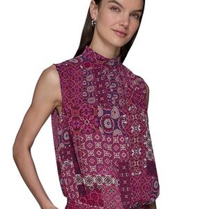 Karl Lagerfeld Women's Sleeveless Patterned Pink Top - XL